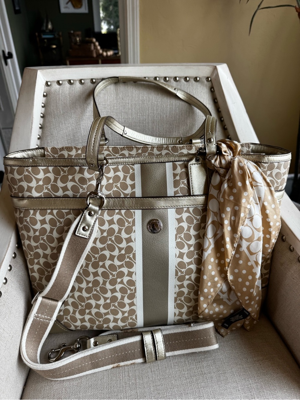 Coach Signature Metallic Beige Stripe Tote with Coach  Scarf